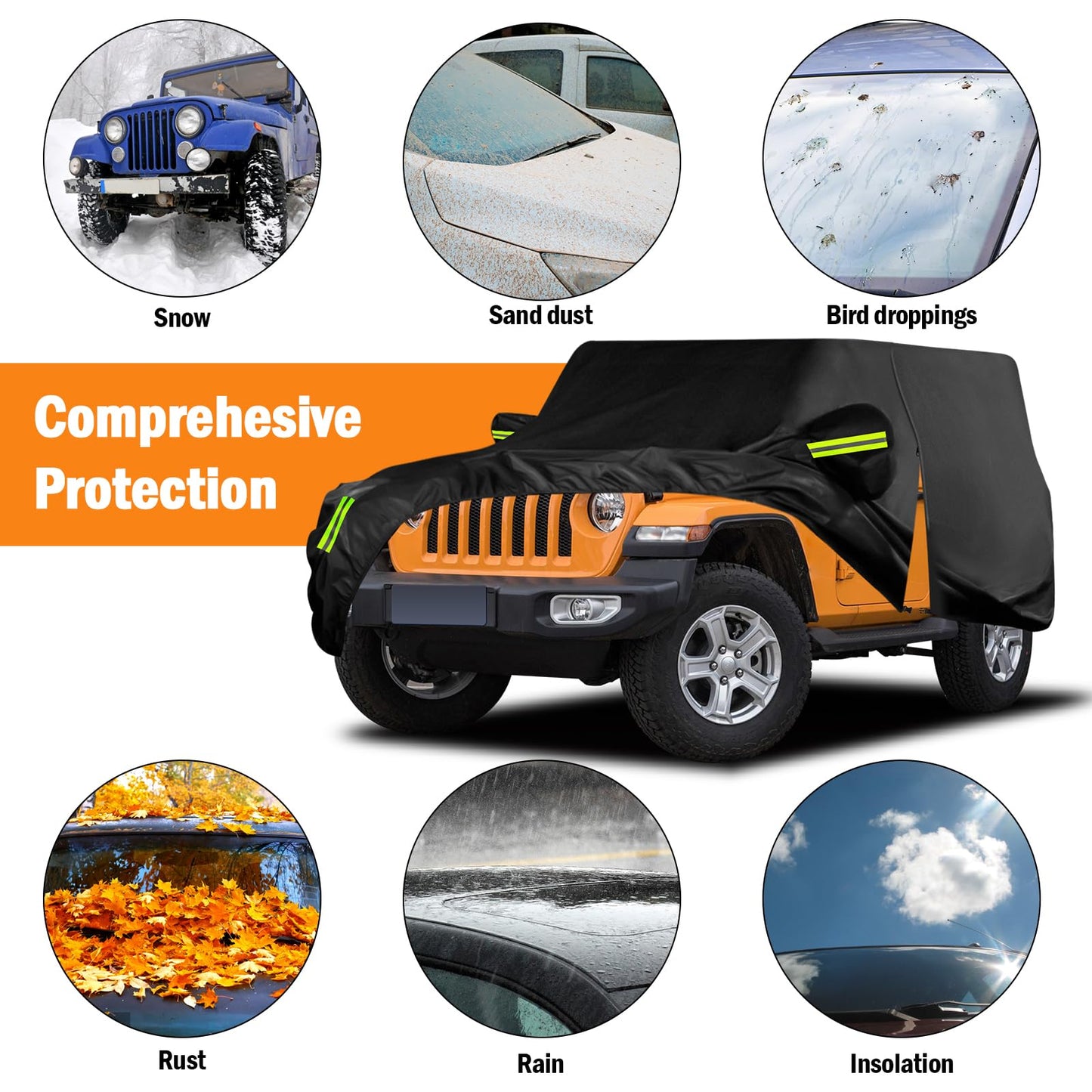 Waterproof Car Cover for Jeep Wrangler 4 Door 2006-2026 JK JL Outdoor Waterproof Sun Rain Snow Hail Protection with Driver Door Zipper