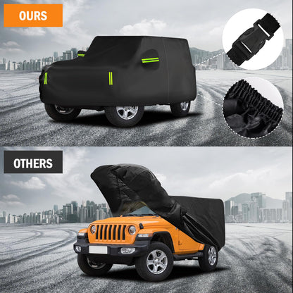 Waterproof Car Cover for Jeep Wrangler 4 Door 2006-2026 JK JL Outdoor Waterproof Sun Rain Snow Hail Protection with Driver Door Zipper