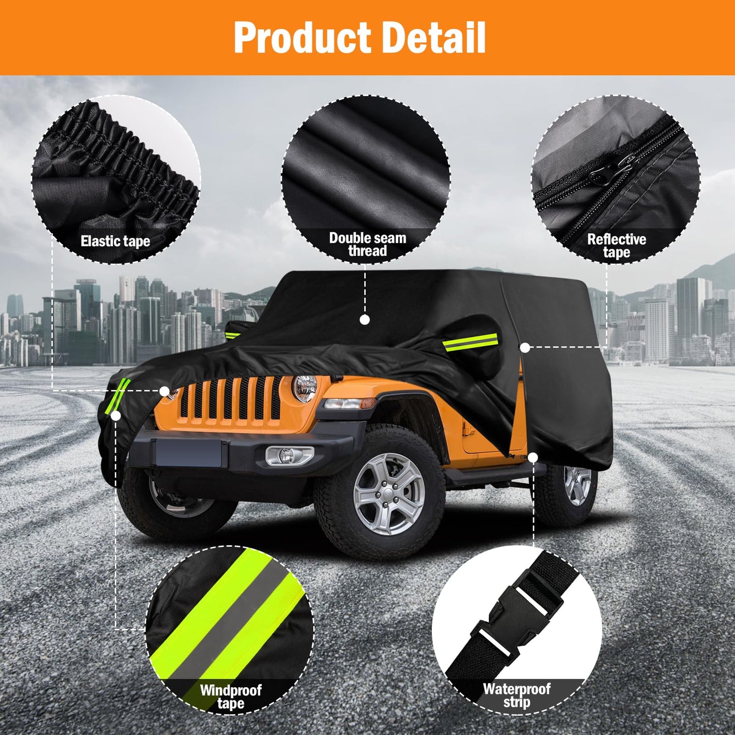 Waterproof Car Cover for Jeep Wrangler 4 Door 2006-2026 JK JL Outdoor Waterproof Sun Rain Snow Hail Protection with Driver Door Zipper